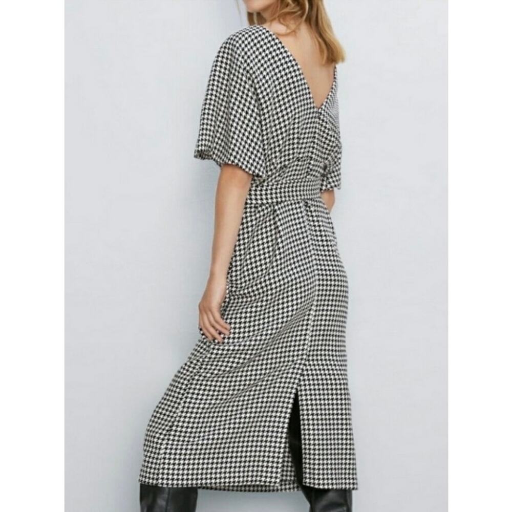 Zara Black&White Houndstooth Balloon Sleeve Blogger Favorite Midi Dress Sz.L - Picture 4 of 16